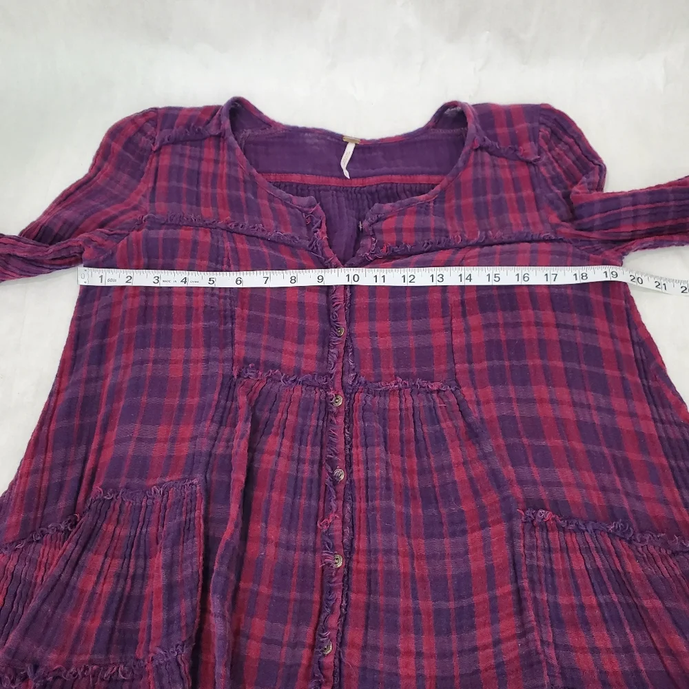 Free People Whistle While You Work Gauzy Purple Plaid Tiered Button Up Tunic Top - Picture 14 of 15